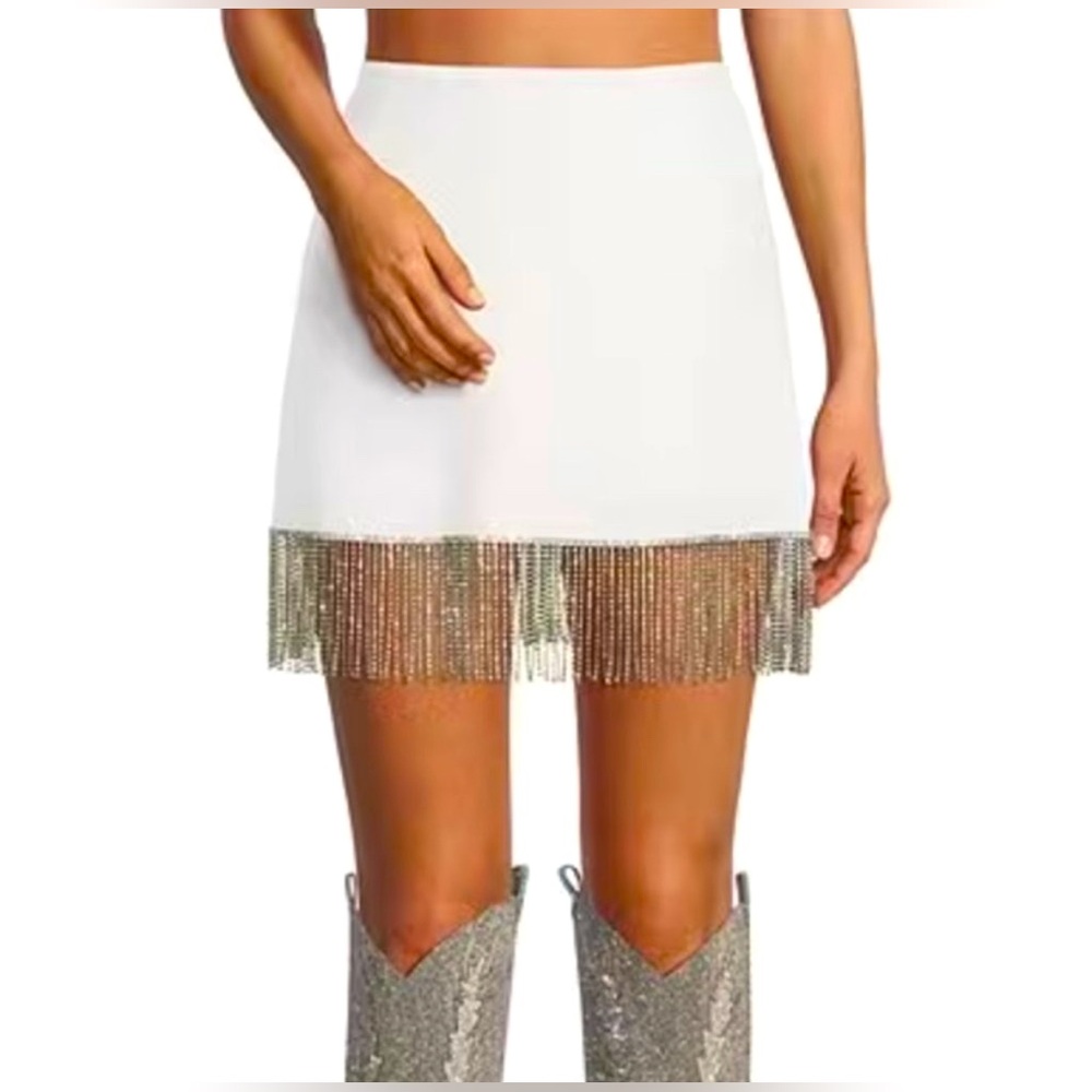 ⛔️SOLD⛔️Gianni Bini White Dixie Rhinestone Fringe Mini Skirt w/ Shorts Sz 2 - Picture 3 of 7